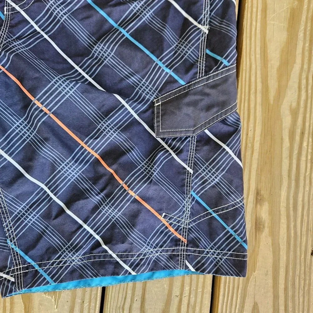 Speedo Mens's Medium Plaid Board Shorts Blue Orange Retro Surf Swim Trunks